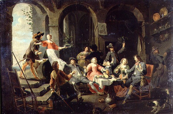 Elegant selskap Merrymaking i et interiør med tjenere til stede av Willem van the Elder Herp