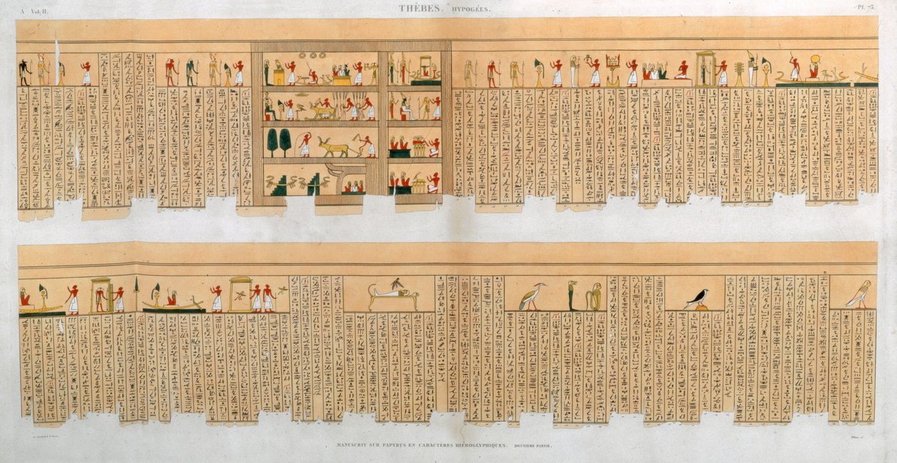 Illustrasjoner av et manuskript med hieroglyfer, fra en grav i Theben, Egypt, 1822 av Willemin