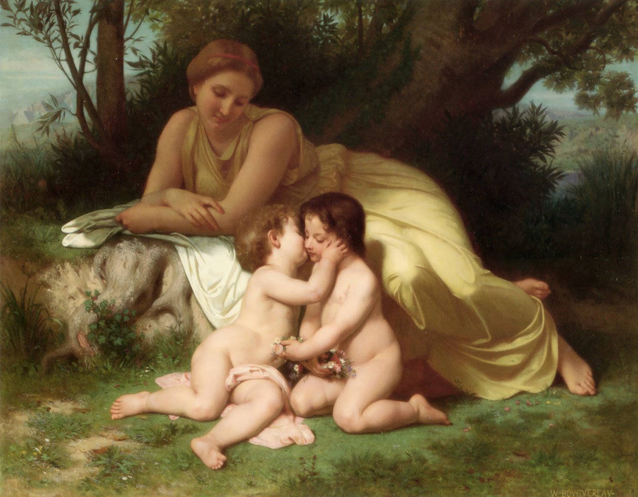 Ung kvinne som vurderer to omfavnende barn (1861) av William Adolphe Bouguereau