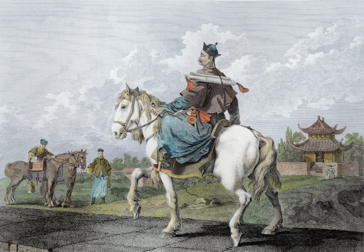 En Quan eller Mandarin som bærer et brev fra keiseren av Kina, gravert av Wilson, pub. av G. Nicol, 1796 (senere fargelegging) av William Alexander