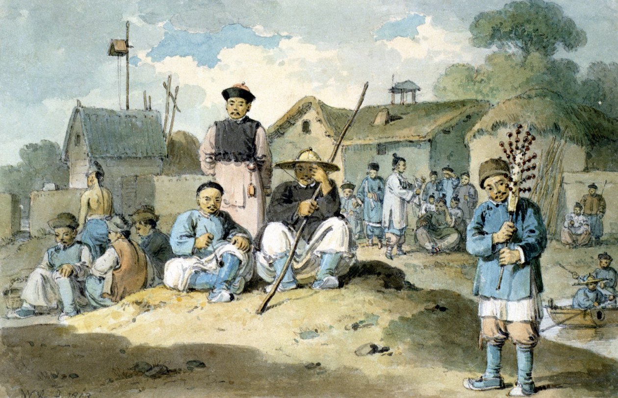 En gruppe kinesere ved bredden av en elv, ser på Earl Macartneys ambassade passere, 1793 av William Alexander