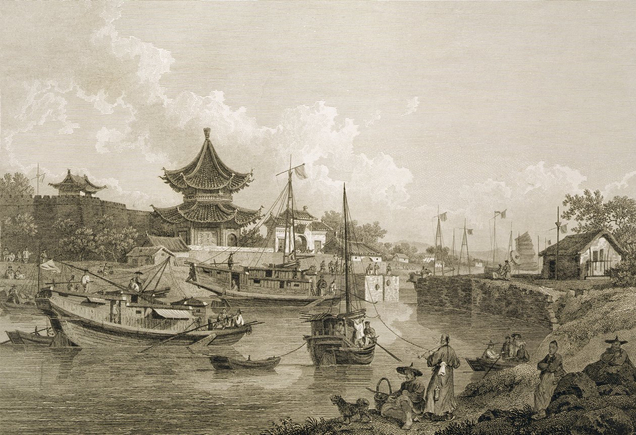 Kinesiske lektere fra ambassaden som går gjennom en sluse ved Canal Grande, gravert av puben Benjamin Thomas Pouncy (fl.1772-99). av G. Nicol, 1796 av William Alexander