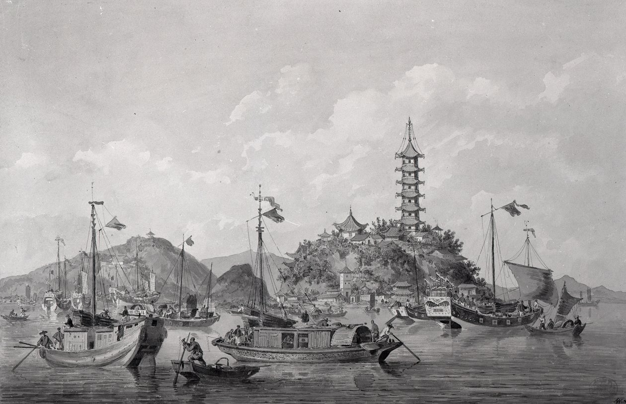 Utsikt over Golden Mountain Island i Blue River, Kina, ca. 1794 (penn, blekk og vask) av William Alexander