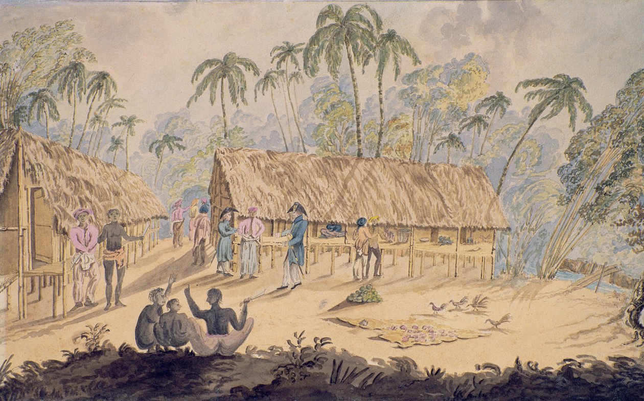 Byen Acheen, Nordvestkysten av Sumatra, 1829 (wc på papir) av William Alexander Willis