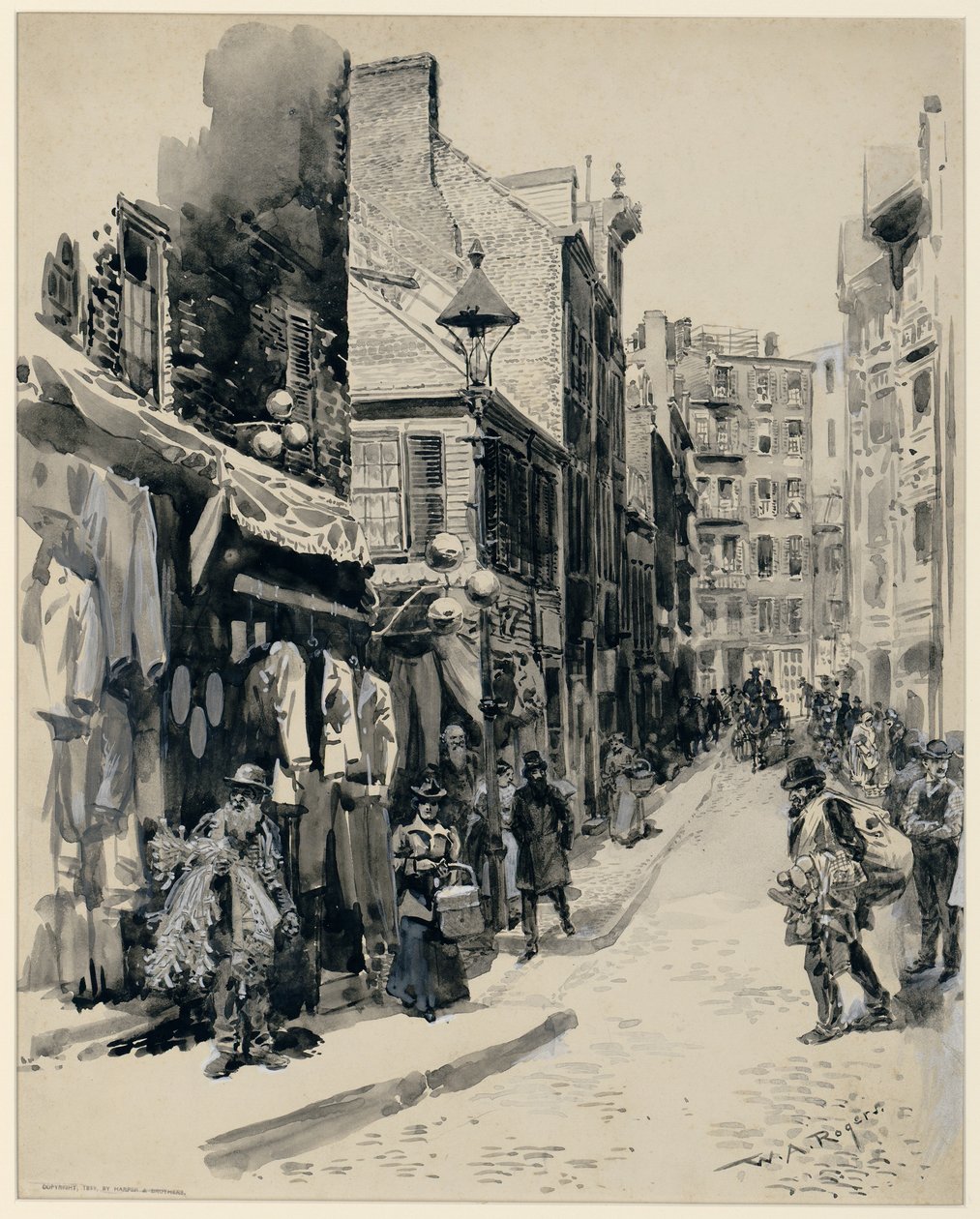 The Jewish Quarter, Boston, publisert 1899 (penn og blekk og vask på papir) av William Allen Rogers