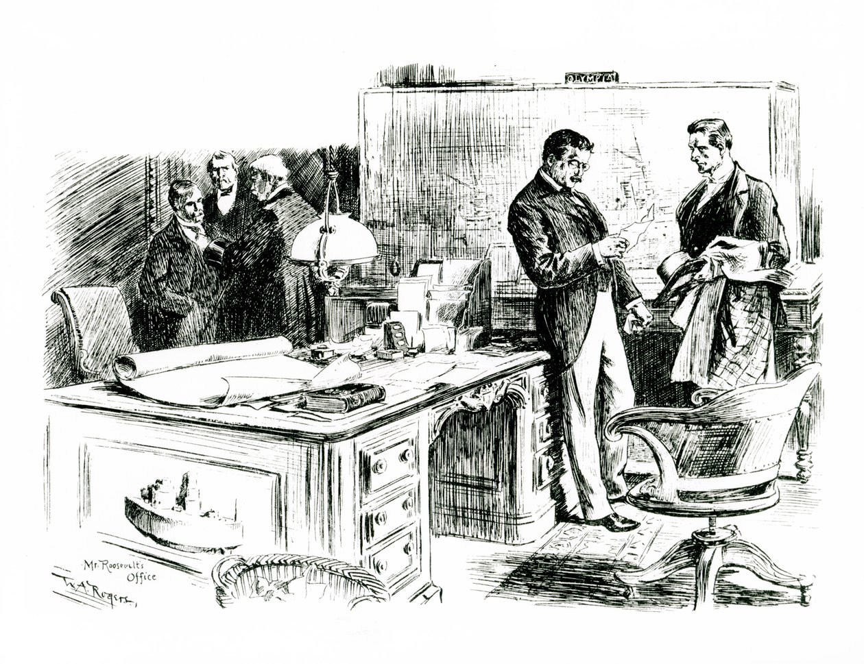 Senator Lodge og assisterende utenriksminister på president Roosevelts kontor diskuterer invasjon av de filippinske øyene, 1898 av William Allen after Rogers