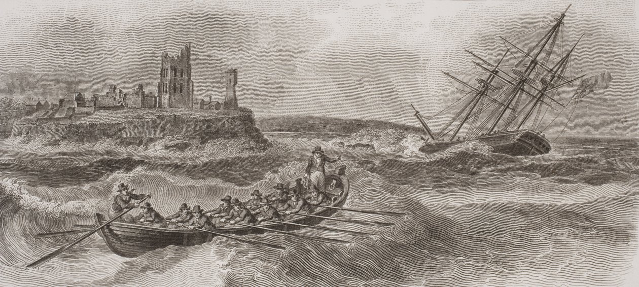 Redningsbåt ror til unnsetning av et grunnleggende seilskip, gravert av Thomas Milton (1743-1827) 1820 av William Anderson