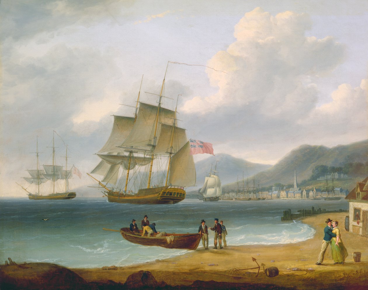 Handelsskip under seil og for anker utenfor en by av William Anderson
