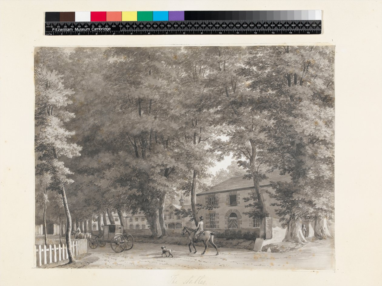 No.3933.f8 Utsikt over stallen på Lord Fitzwilliams Mount Merrion eiendom, nær Dublin, 1806, (blekk og vask) av William Ashford