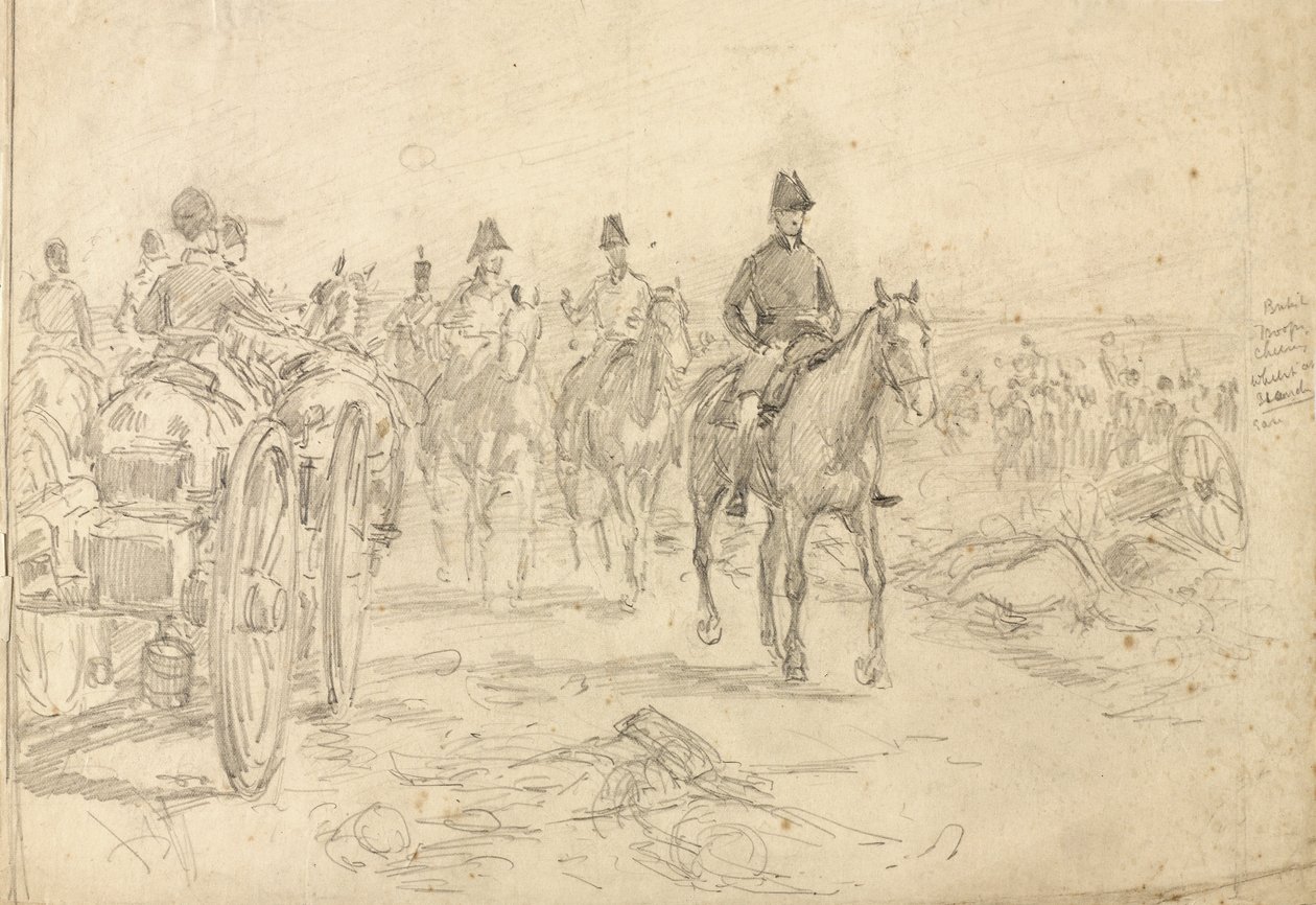 Britiske tropper jubler mens de står rolig, 1815, ca. 1890 av William Barnes Wollen