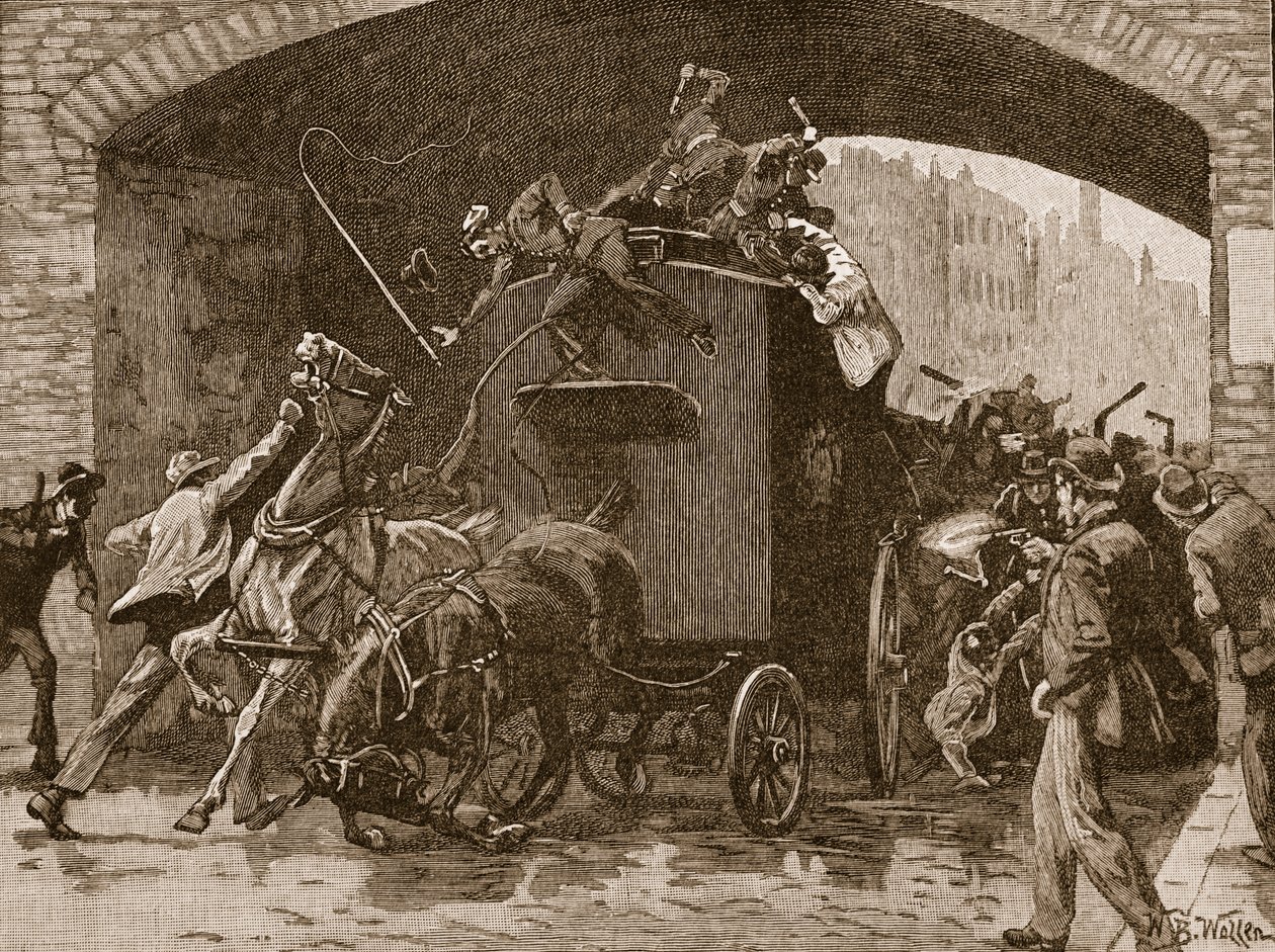 Feniansk angrep på politibilen i Manchester, 1867, illustrasjon fra 'Cassell's Illustrated History of England' (sepia-foto) av William Barnes Wollen