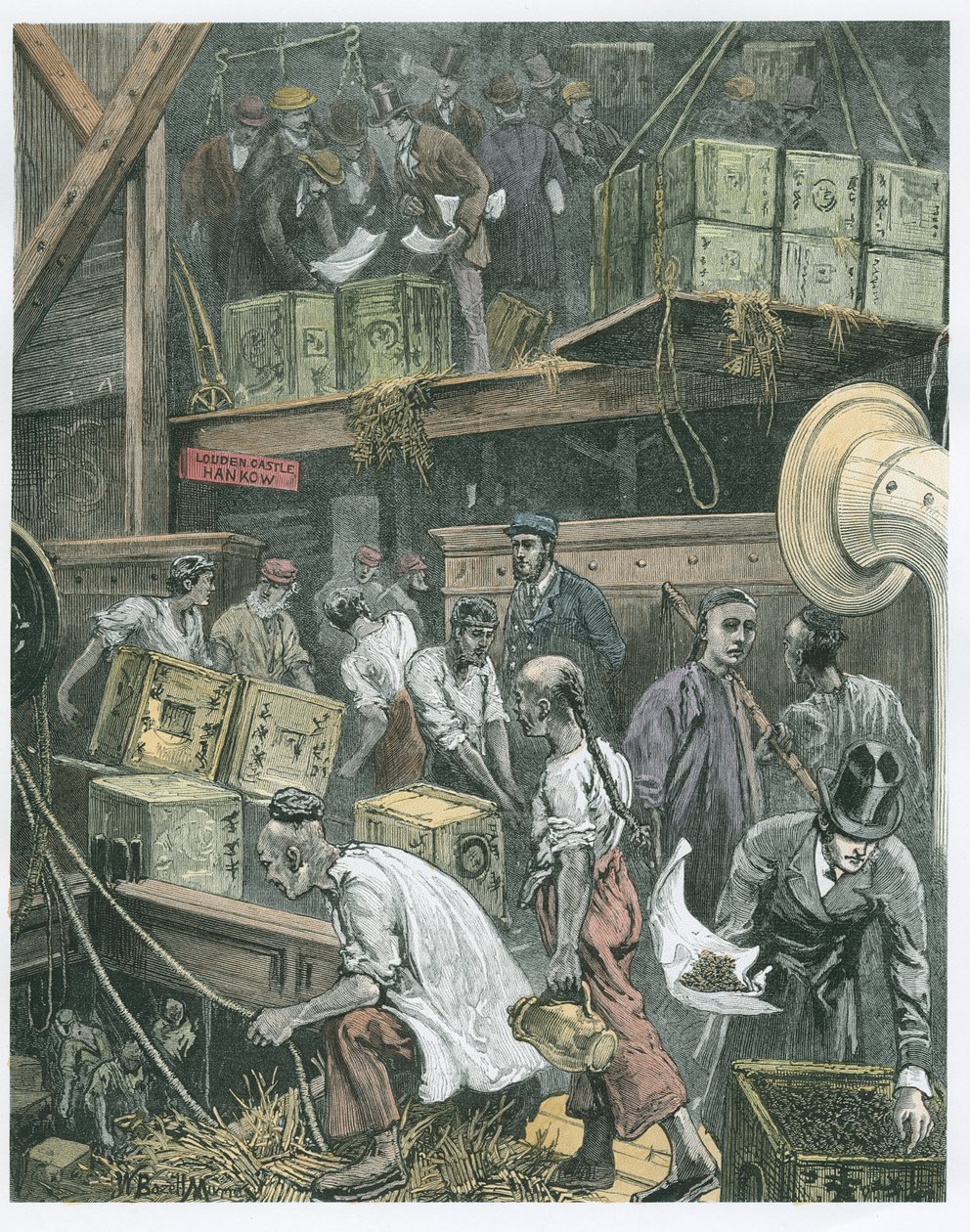 Breaking Bulk ombord på et teskip i London Docks (senere fargelegging) av William Bazett Murray