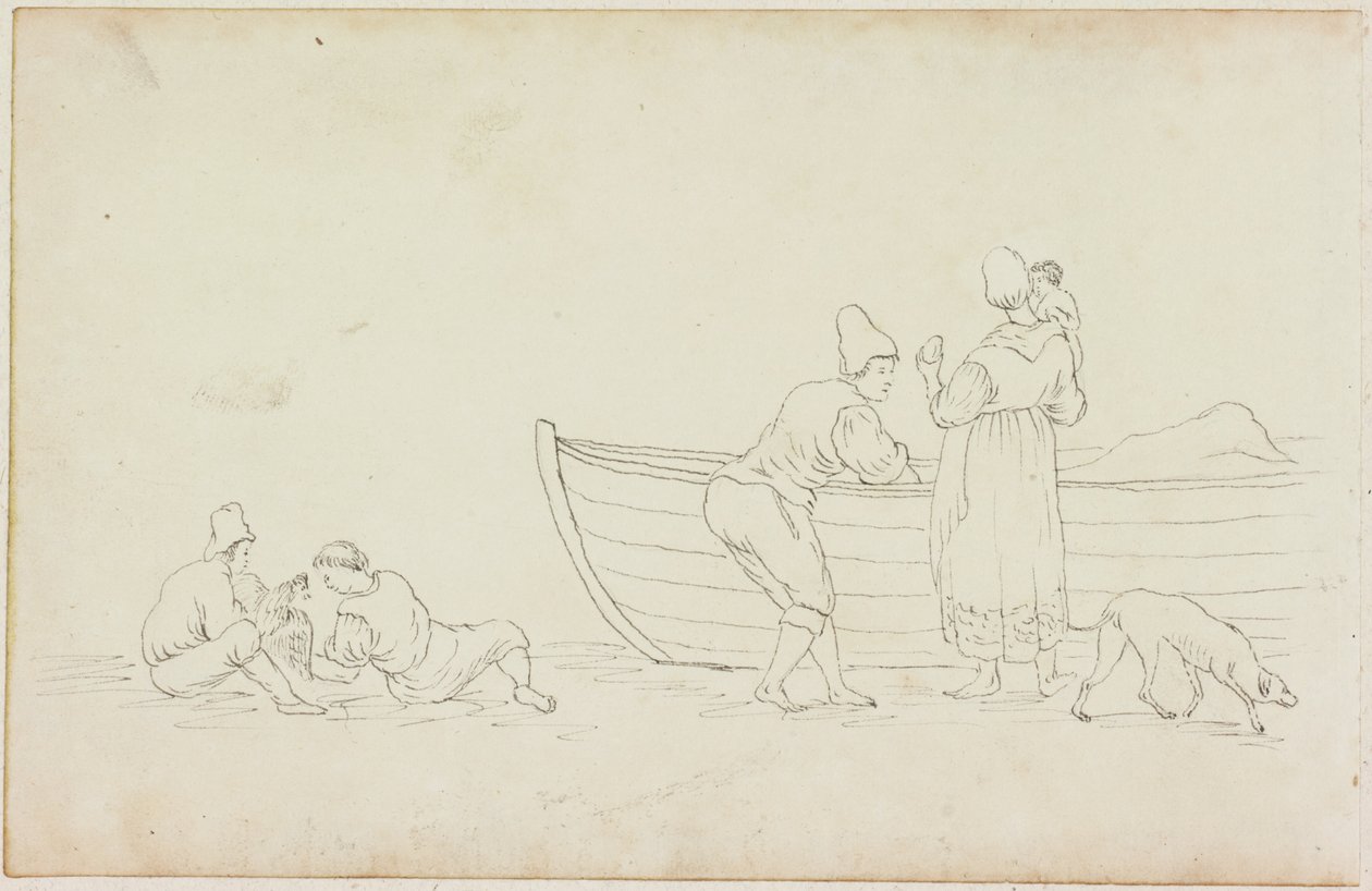 Figurer og hund med båt (blekk på papir (på papir med M747)) av William Beilby