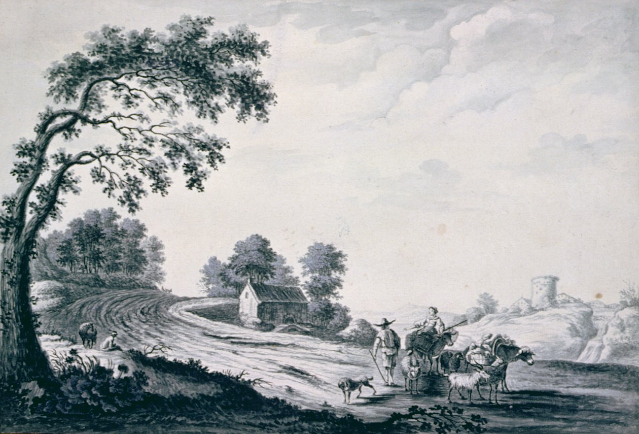 Italiensk landskap med bønder og dyr på en vei (tegning) av William Beilby