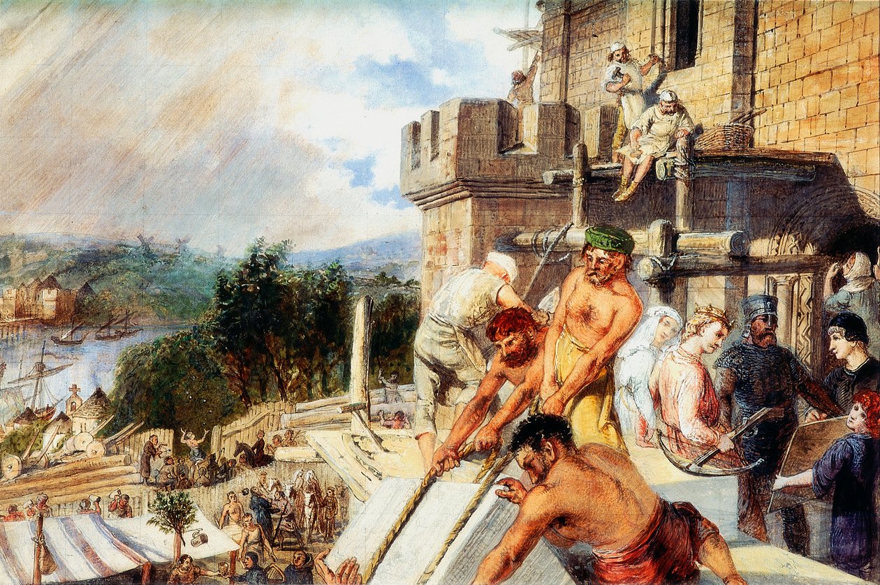 The Building of the New Castle (bc, blyant og wc på papir) av William Bell Scott