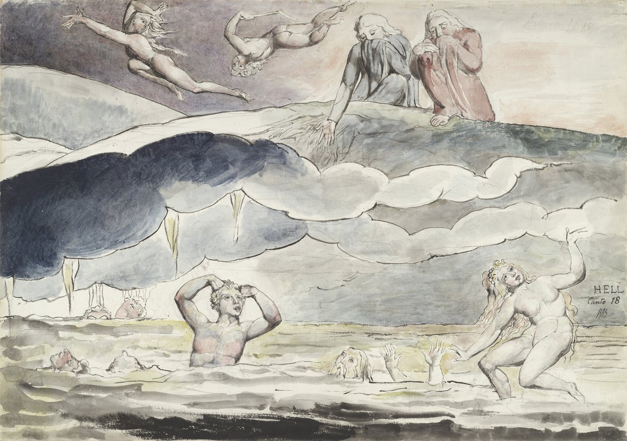 Dante og Virgil ser inn i smigrernes grøft, illustrasjon til "Den guddommelige komedie" av Dante Alighieri, 1824-27 av William Blake