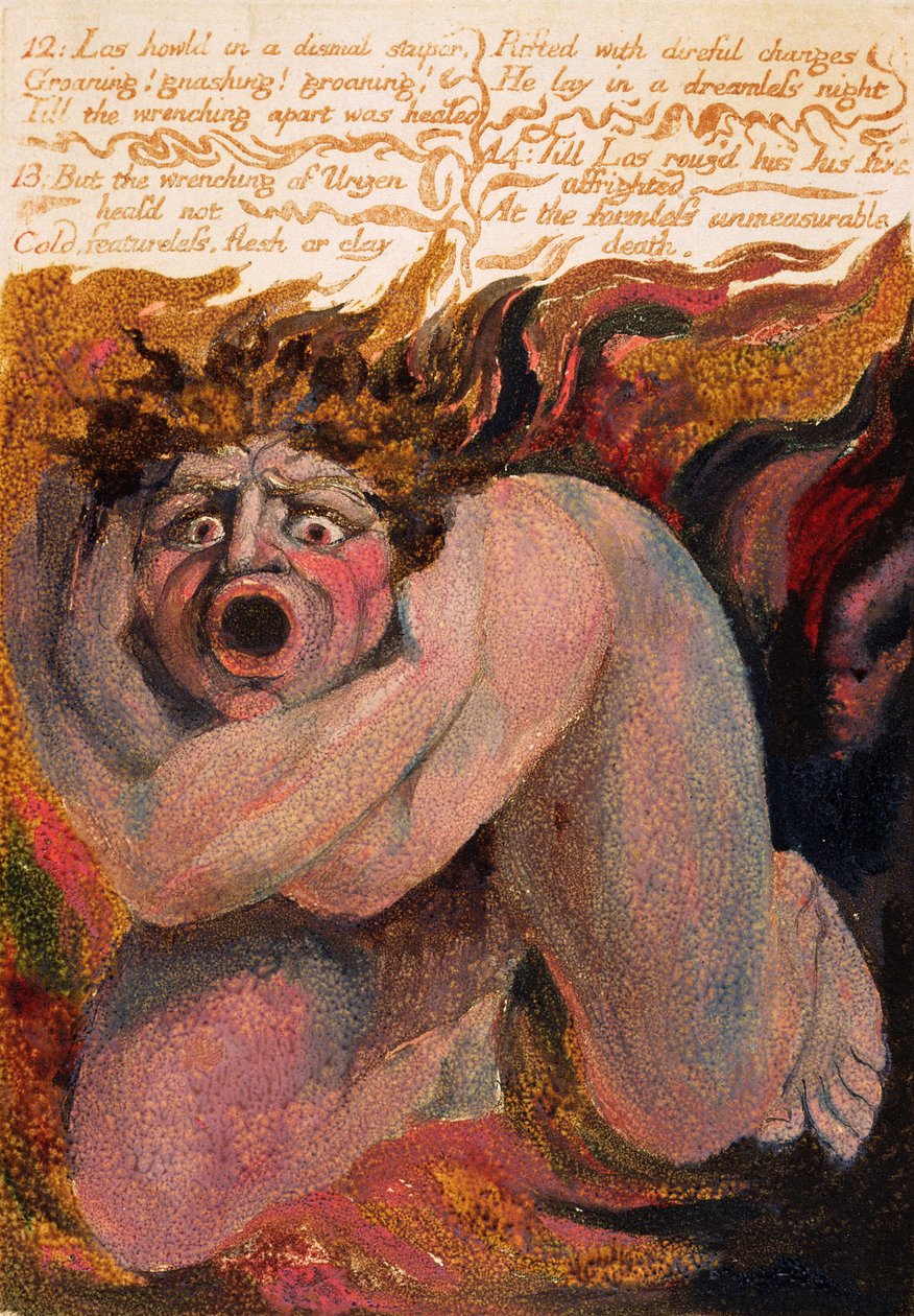 '12: Los howld in a dismal stupor...', plate 10 fra 'The First Book of Urizen', 1794 (fargetrykt relieff etsing med blekk og wc) av William Blake