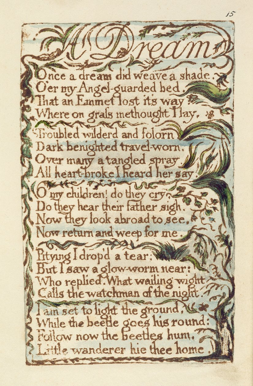 En drømmeillustrasjon fra Songs of Innocence and of Experience (Bentley Copy L) pl.15 (Bentley 26) 1789-94 (relieff-etsing med penn og wc på papir) av William Blake