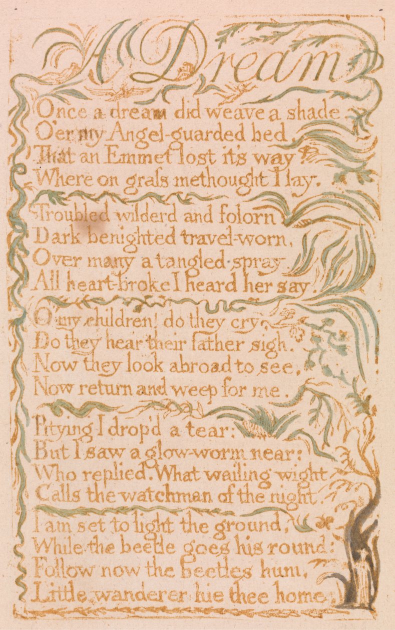 A Dream, plate 4 fra Songs of Innocence, 1789 (reliefradering med wc på papir) av William Blake