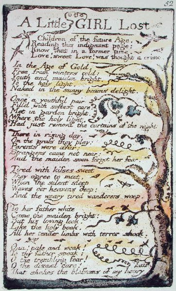 A Little Girl Lost, plate 52 (Bentley 51) fra Songs of Innocence and of Experience (Bentley Copy L) 1789-94 (hevet etsning med penn og wc) av William Blake