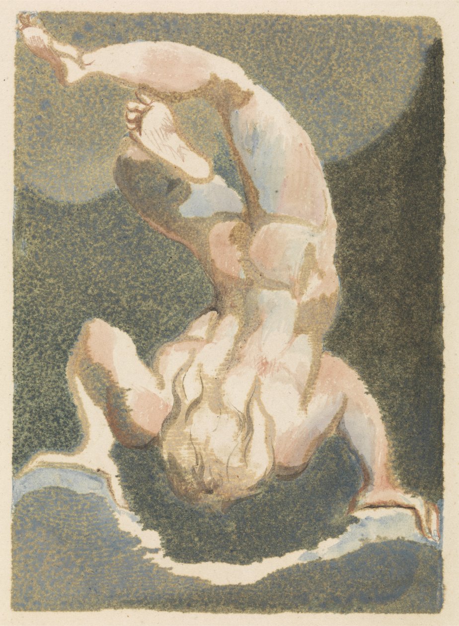 En muskuløs, naken mann, som ser ut til å ha flytet ned for å hvile på hendene, hodet nedover, på steiner og skyer, plate 15 fra The First Book of Urizen, 1794 (fargetrykt relieff etsing med blekk og av William Blake