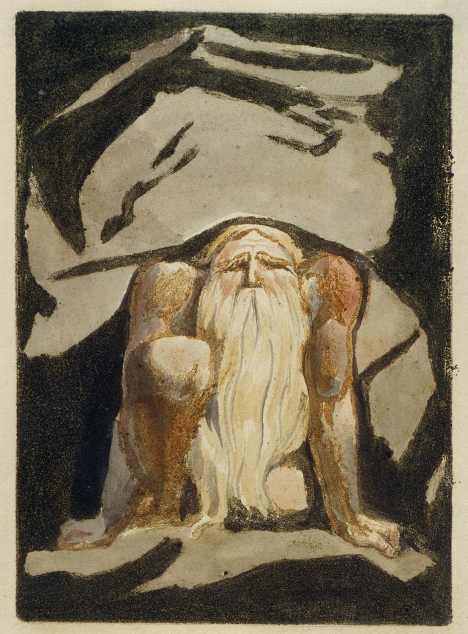 'En naken mann med langt skjegg knelende med ett kne hevet og begge hender på bakken', plate 23 fra 'The First Book of Urizen', 1794 (fargetrykt relieff etsing med blekk og wc på papir) av William Blake