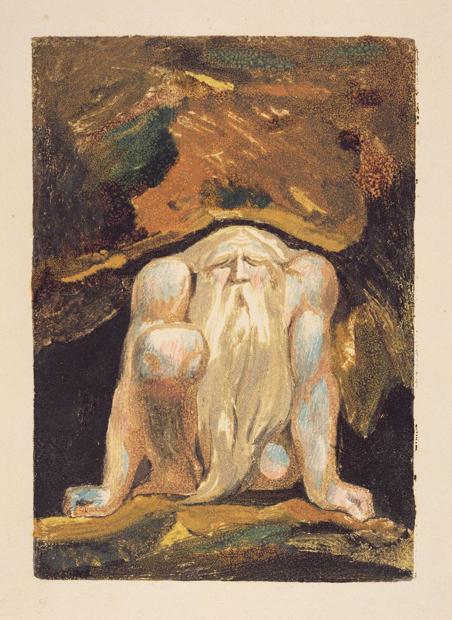 En naken mann med langt skjegg knelende med ett kne hevet og begge hender på bakken, plate 8 fra 