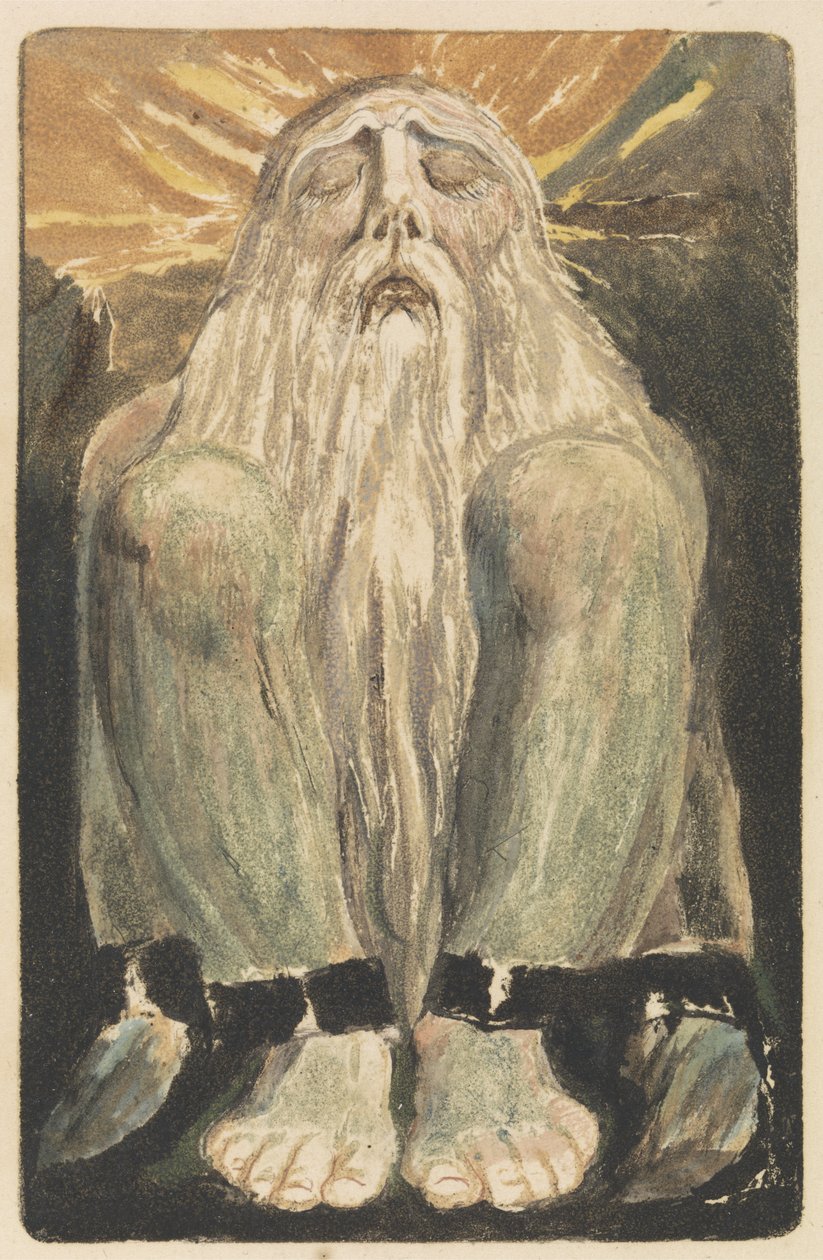 En naken mann med langt hvitt skjegg sitter på bakken med knærne oppe og øynene lukket, plate 12 fra The First Book of Urizen, 1794 (relieff etsing med wc) av William Blake