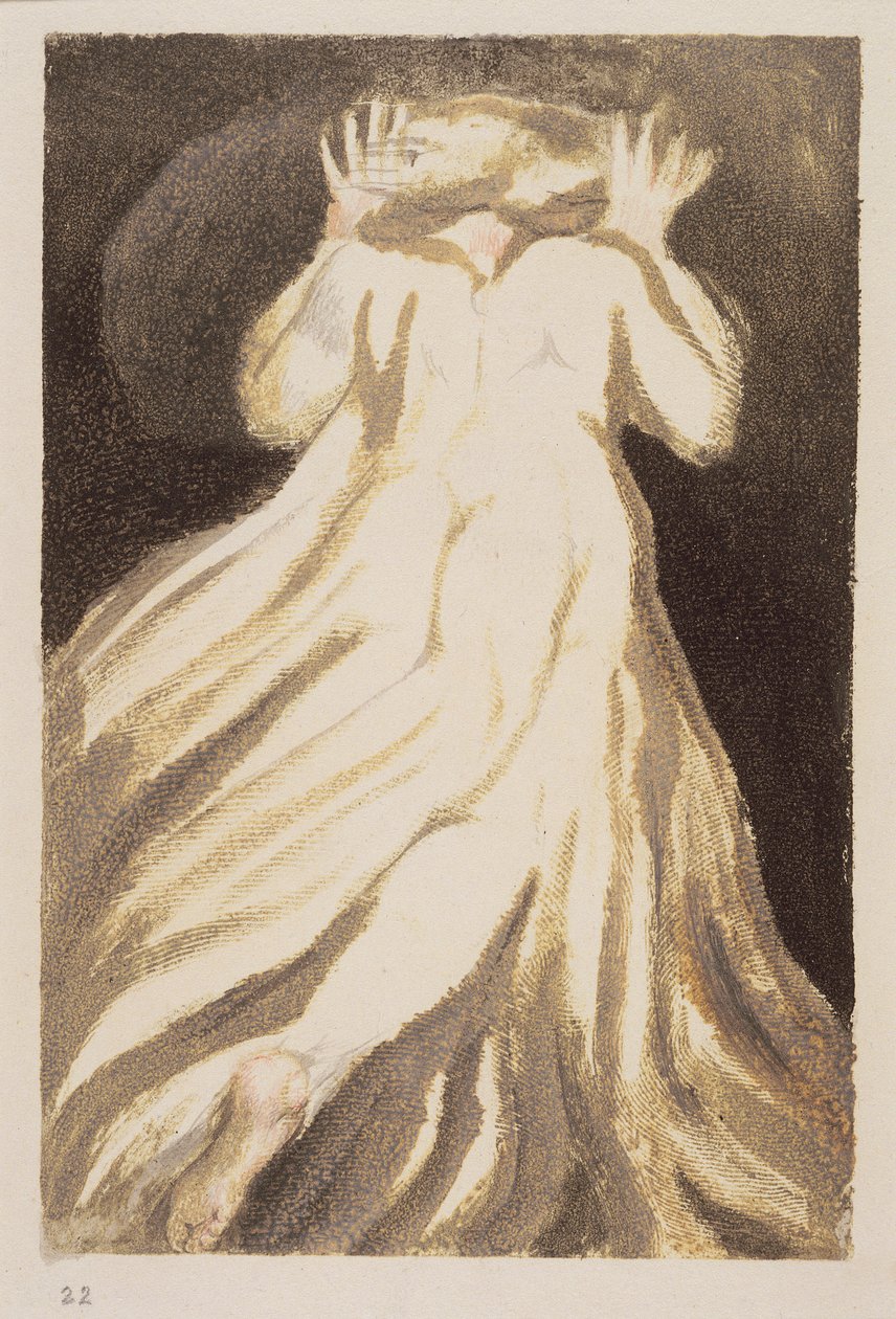 En hvithåret mann i en lang, blek kappe som flykter fra oss med løftede hender, plate 21 fra 