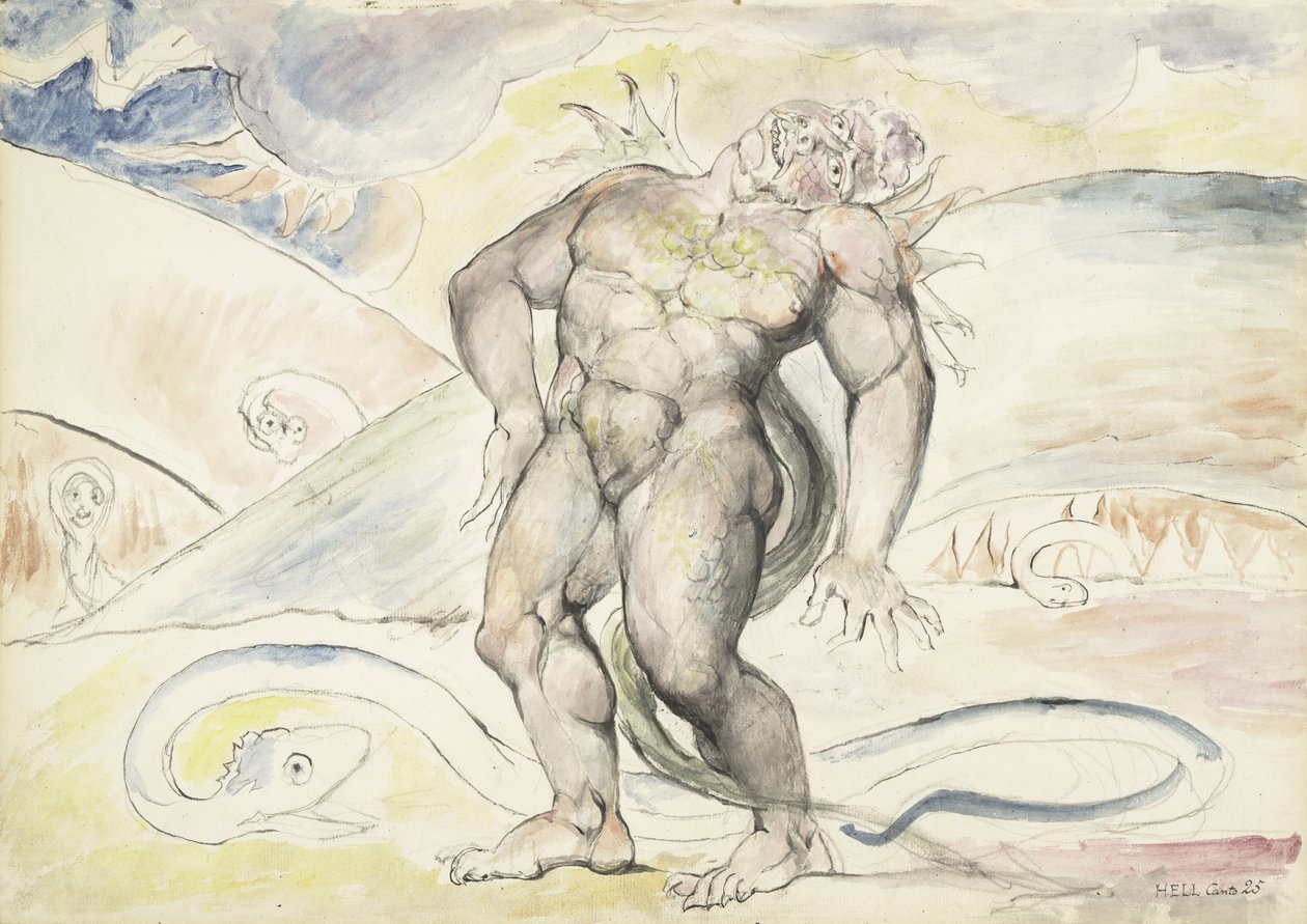 Agnello de Brunelleschi fra Firenze blir forvandlet til en slange, illustrasjon til den guddommelige komedie av Dante Alighieri, 1824-27 (penn og blekk med wc over blyant og kritt på papir) av William Blake
