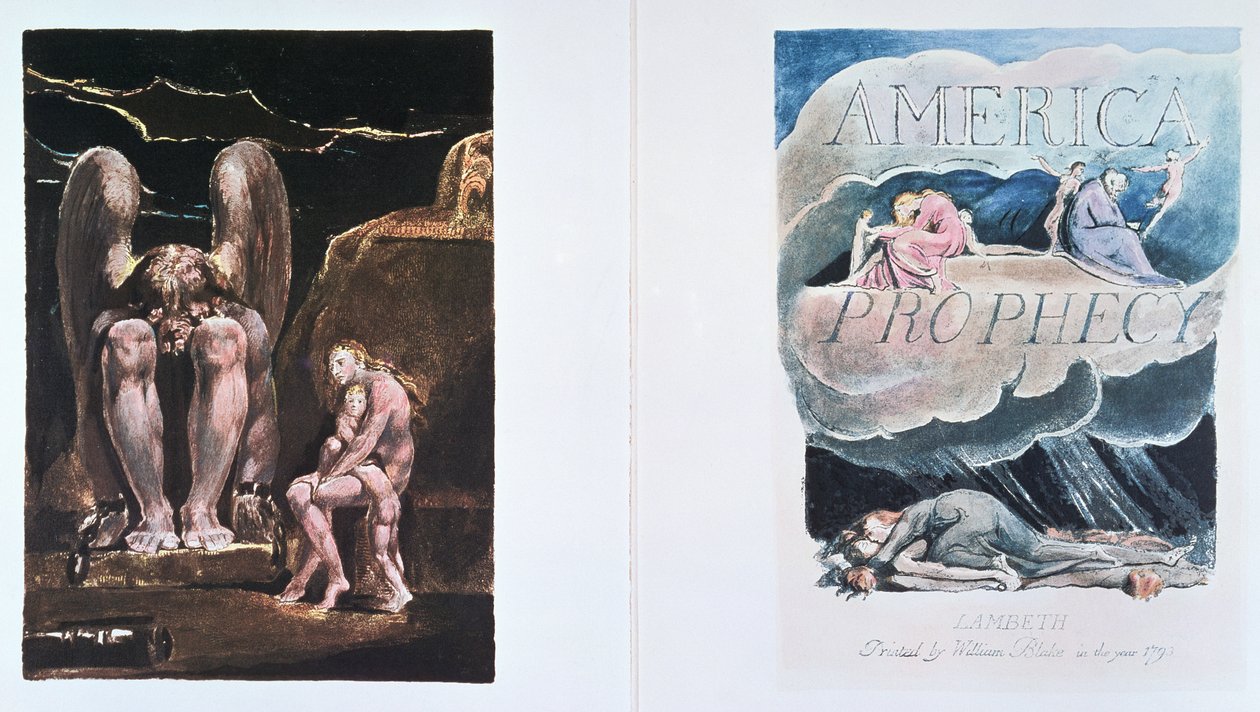 America a Prophecy: frontispice og tittelside som viser Orc, legemliggjørelsen av energi, 1793 (relieff-etsing med hvit linjegravering og akvarell) av William Blake