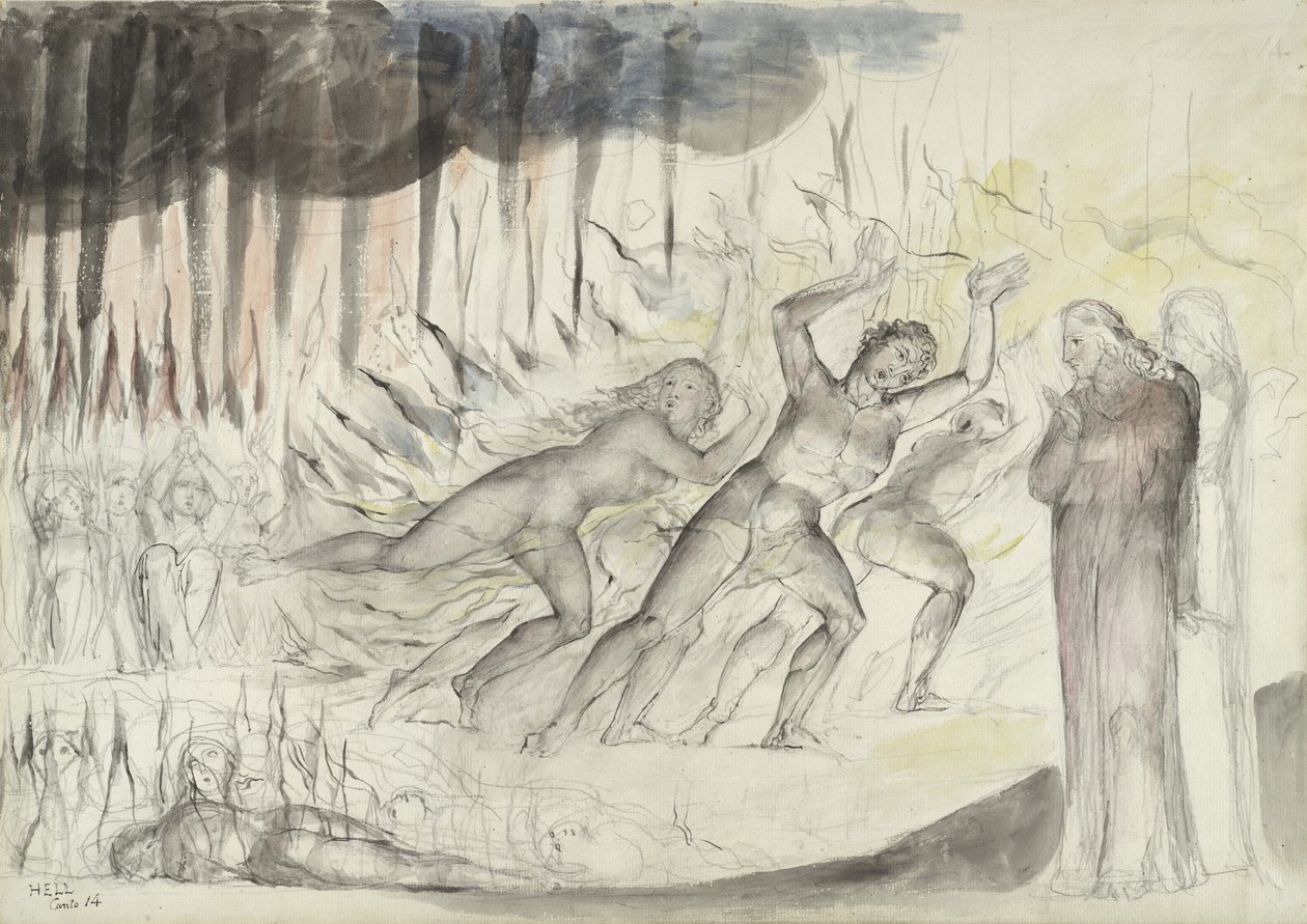 Dante og Virgil blant blasphemers, illustrasjon til den guddommelige komedie av Dante Alighieri, 1824-27 (penn og blekk med wc over blyant og kritt på papir) av William Blake