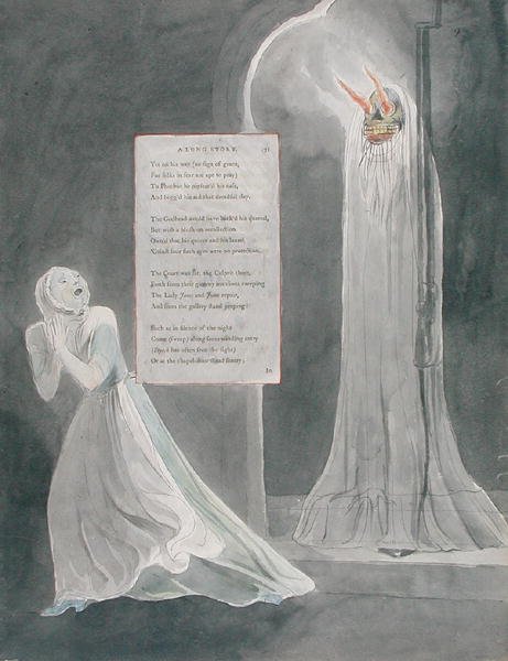 Design 31 for A Long Story in The Poems of Thomas Gray, utgitt 1797-98 (wc med penn og blekk på papir) av William Blake