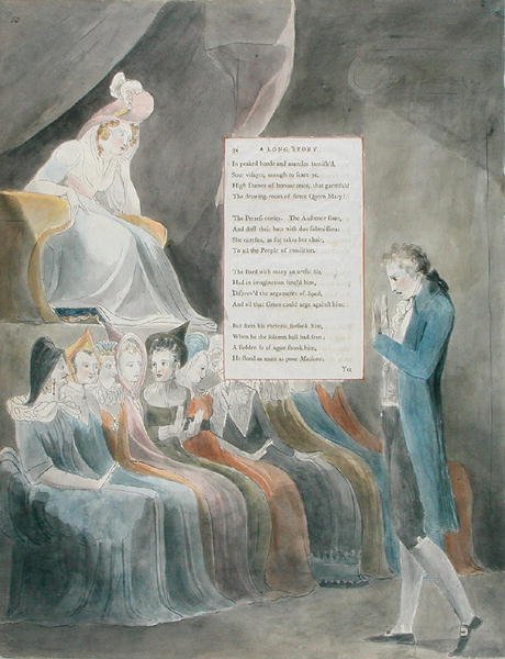 Design 32 for A Long Story in The Poems of Thomas Gray, utgitt 1797-98 (wc med penn og blekk på papir) av William Blake