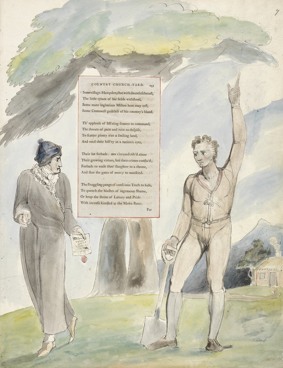Elegy skrevet i et landlig kirkegård, design 111 fra The Poems of Thomas Gray, 1797-98 (wc med penn og blekk på papir) av William Blake