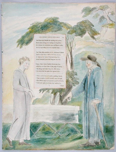 Elegy skrevet i et landlig kirkegård, design 113 fra The Poems of Thomas Gray, 1797-98 (wc med penn og blekk på papir) av William Blake