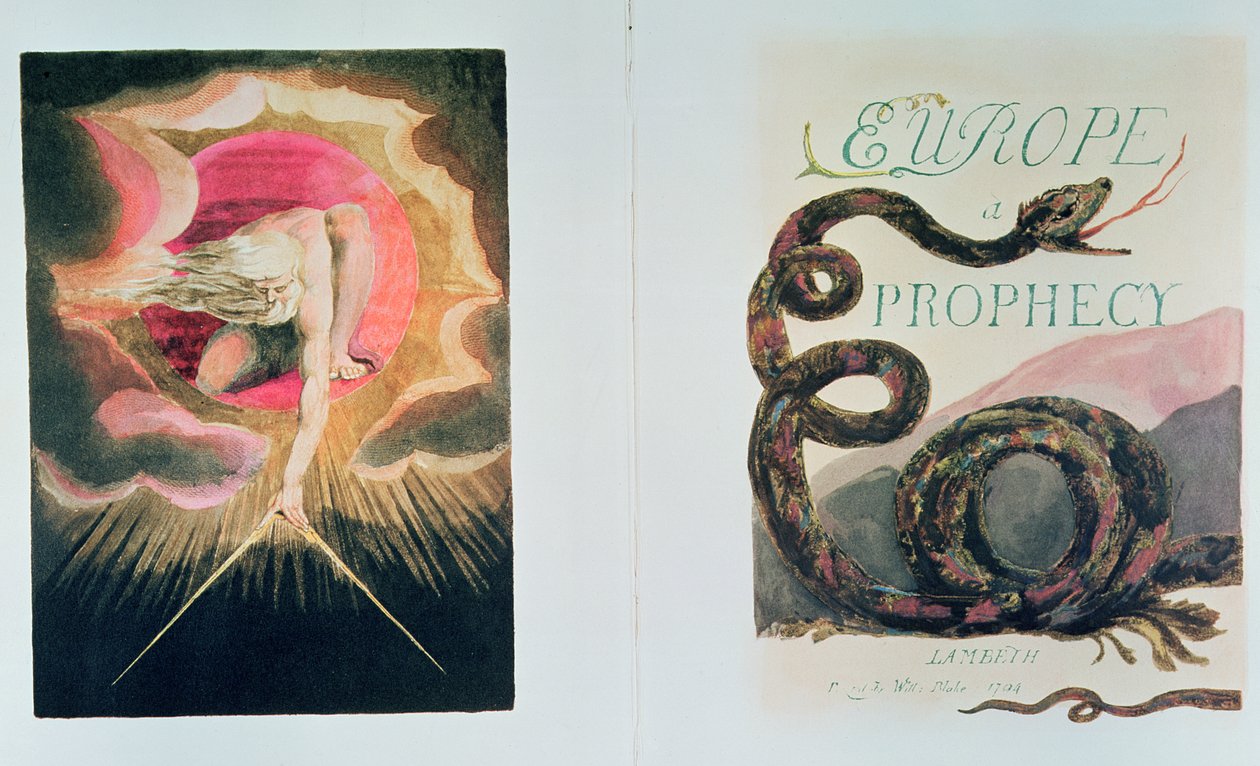 Europa en profeti; Venstre til høyre frontispice og tittelblad; Gud skaper universet (Skapelsen av den materielle verden av Jehova i skikkelse av Urizen, legemliggjørelsen av fantasiløs fornuft), av William Blake