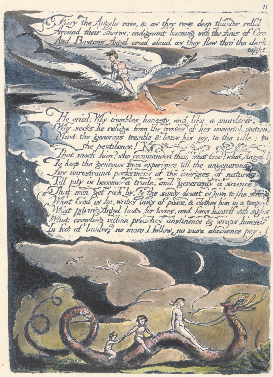 Fiery Angels rose..., plate 13 fra Amerika: A Prophecy, 1793 (relieff-etsing trykt i blått med penn og blekk og wc) av William Blake