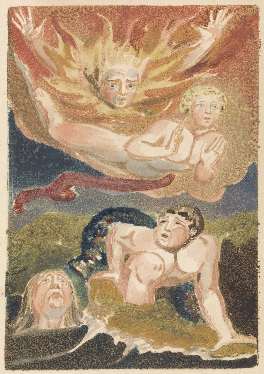 Fire nakne menn som dukker opp fra elementene deres: flammer, himmel, hav og grønn jord, plate 22 fra The First Book of Urizen, 1794 (relieff etsing med wc) av William Blake