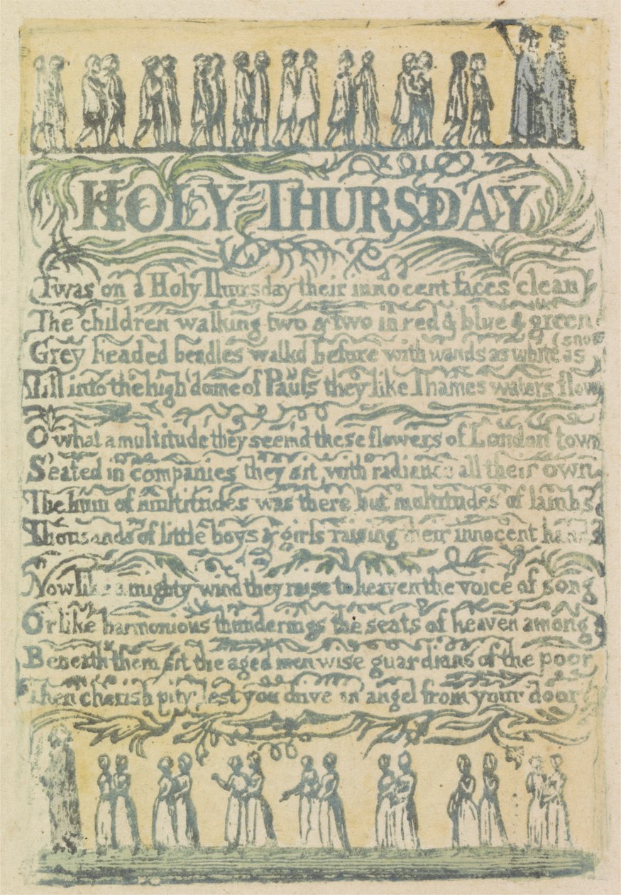 Holy Thursday, plate 24 fra Songs of Innocence, 1789 (håndfarget relieff etsing med akvarell) av William Blake
