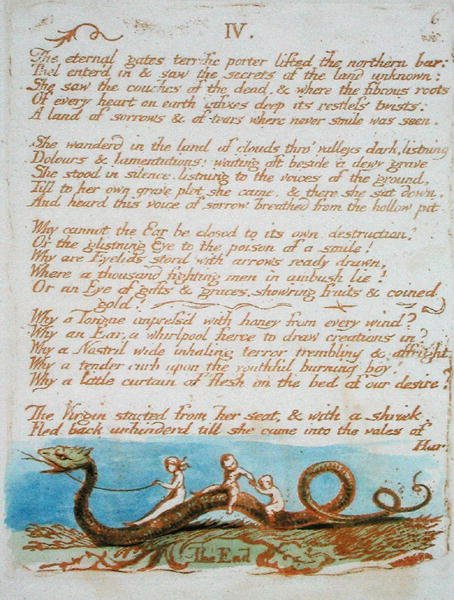 IV. De evige portene..., plate 8 fra The Book of Thel 1789 (relieff-etsing trykket i brunt med wc på papir) av William Blake