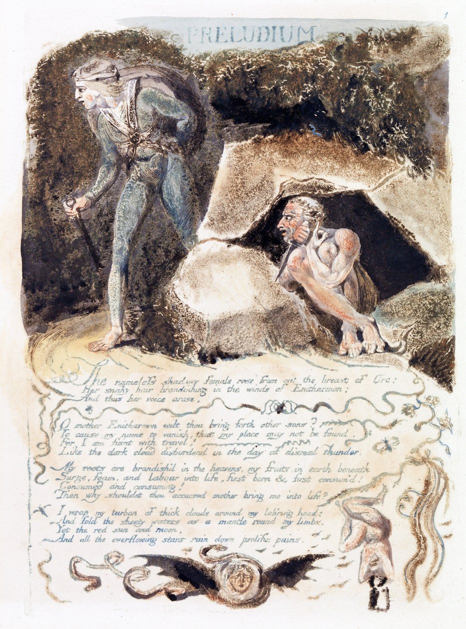 Illustrasjon fra 'Europe: a Prophecy', Lambeth, 1794 (blekk og wc på papir) av William Blake