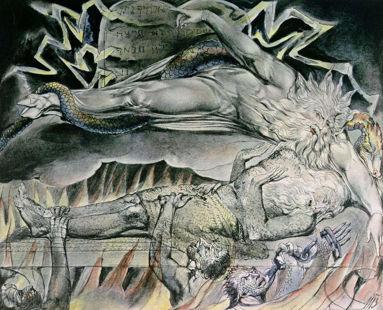 Illustrasjoner av Jobs bok; Jobs onde drømmer, som viser Jobs Gud, som har blitt Satan med kløvet hov og flettet inn av en slange, og peker på lovens mosaiske tavler, 1825 (penn, wc over av William Blake
