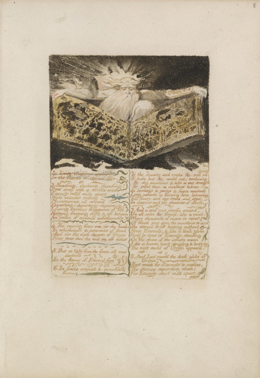 I levende skapninger dukket opp..., plate 8 fra The First Book of Urizen, 1794 (fargetrykt relieff etsing med blekk og wc) av William Blake