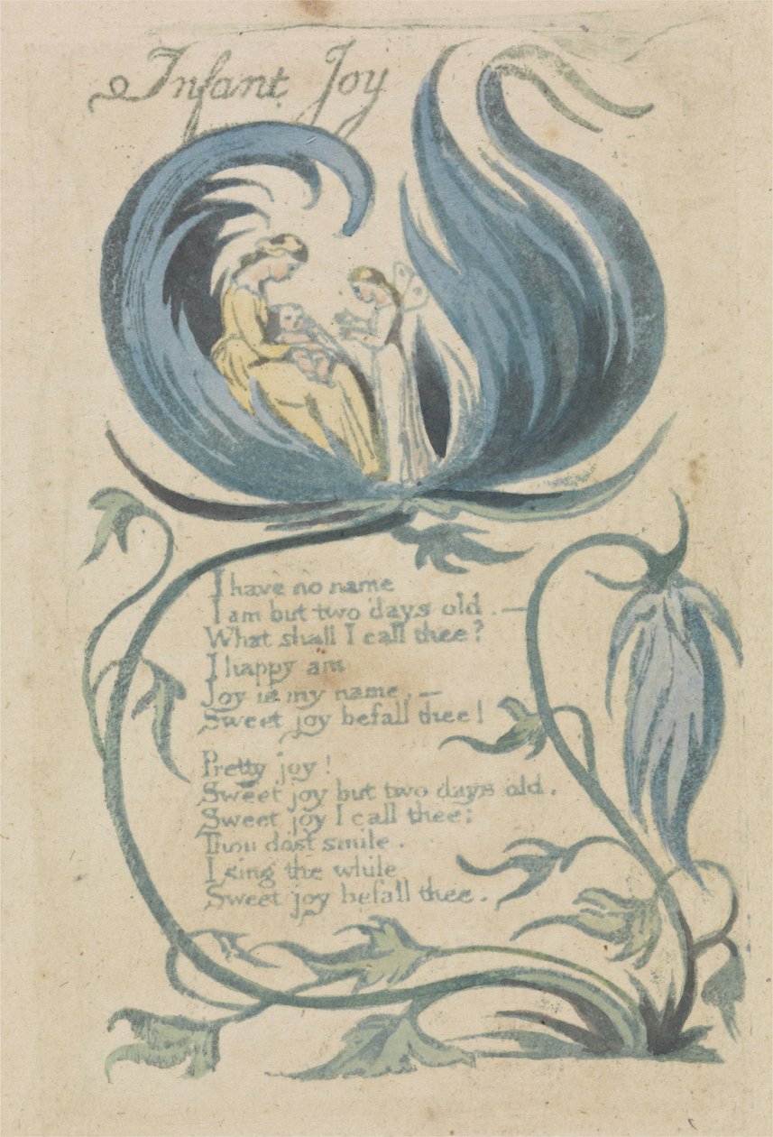 Infant Joy, plate 27 fra Songs of Innocence, 1789 (håndfarget relieff-etsing med wc på papir) av William Blake