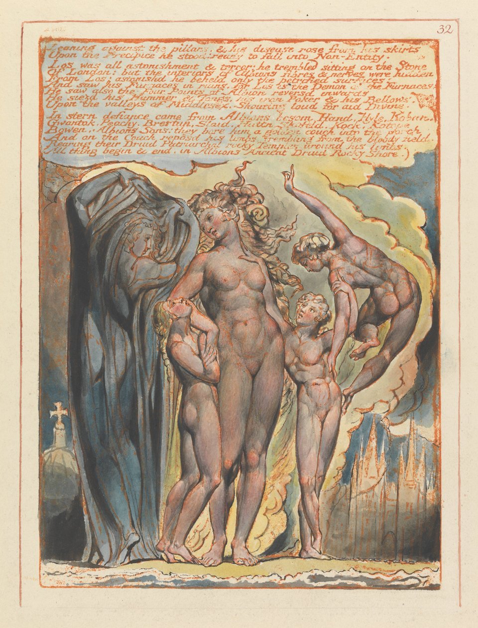 Jerusalem, plate 32, lener seg mot søylene .... av William Blake