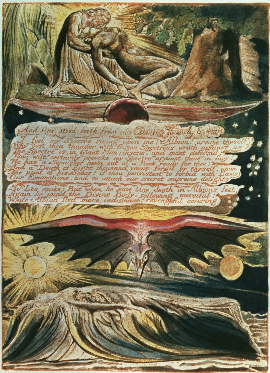 Jerusalem The Emanation of the Giant Albion: Og en sto frem, topp til bunn, Los støttet av Kristus; Albions begravelse i Supulcher, 1804, (relieff etsing, gravering av hvit linje, wc) av William Blake