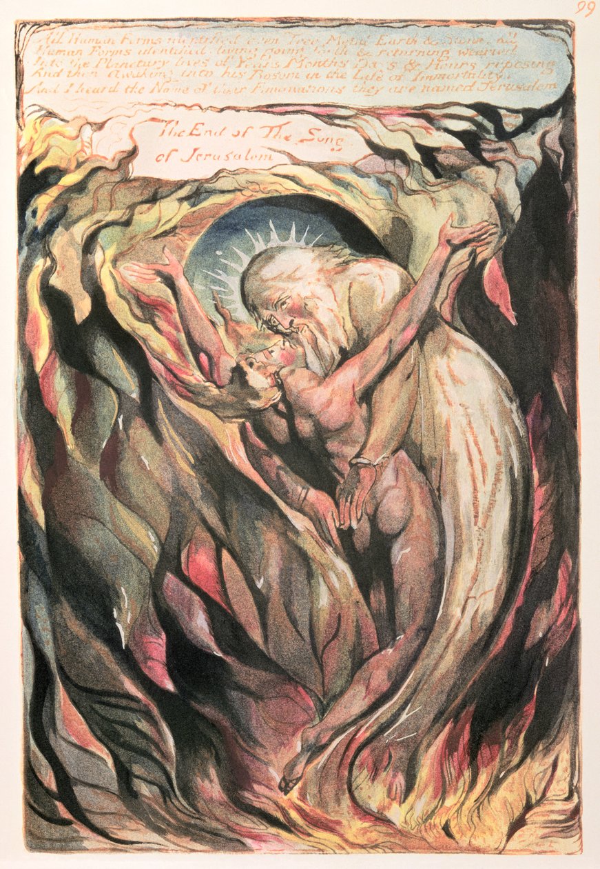 Jerusalem The Emanation of the Giant Albion: plate 99 All Human Forms (gjenforeningen av Jerusalem, som representerer mennesket og en Gud som forener elementene til Jesus og Jehova), ca. 1804-20 (wc om lettelse e av William Blake