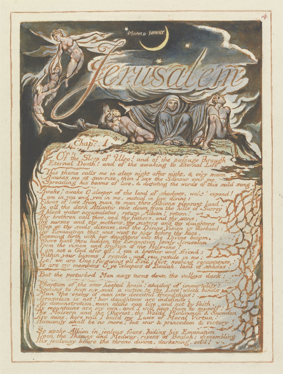 Jerusalem, plate 4 fra Jerusalem, 1804-20 (relieff-etsing trykt i oransje med penn og wc) av William Blake