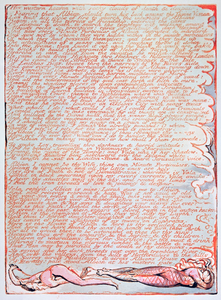 Jerusalem emanasjonen av den gigantiske albion; Hans vestlige himmel, 1804 (relieff etsing med wc) av William Blake